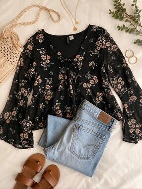 Black Sheer Floral Tie Front Blouse Boho Bell Sleeve Cottagecore Top Size Small
